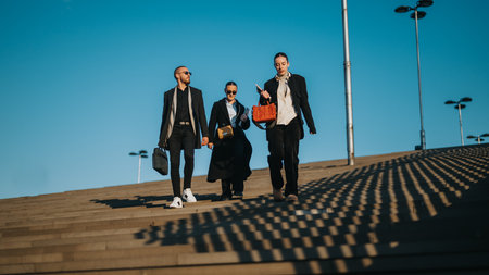 Three young coworkers in business attire walk down outdoor stairs with bags under a clear blue skyの写真素材