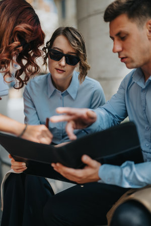 Business associates review documents during an outdoor meeting with colleagues on city street.の写真素材