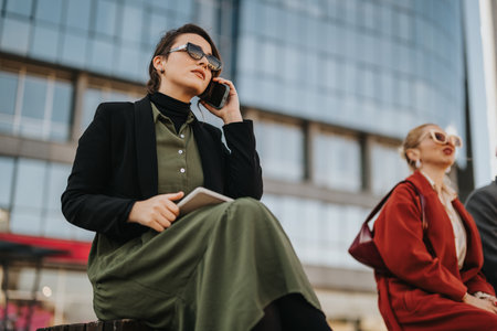 Business professionals on a city street, talking on the phone and waiting in an urban sceneの写真素材