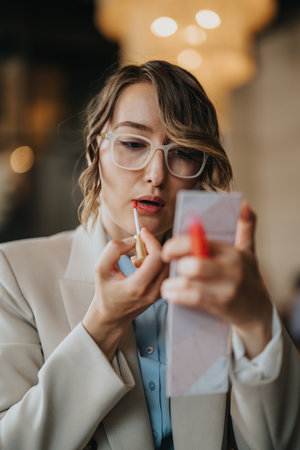 Businesswoman applying lipstick in a mirror at a chic office settingの写真素材