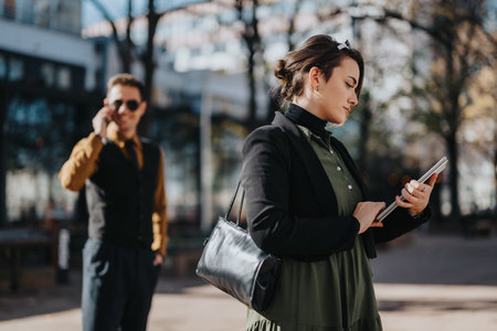Businesswoman on a city street checks her tablet while a colleague talks on the phone nearbyの写真素材