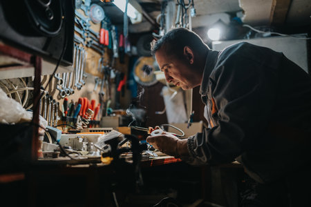 Mechanic at a cluttered workshop soldering electronics with tools and bright overhead lightの写真素材