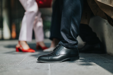 Outdoor business gathering close-up: black formal shoe with colleagues in the backgroundの写真素材