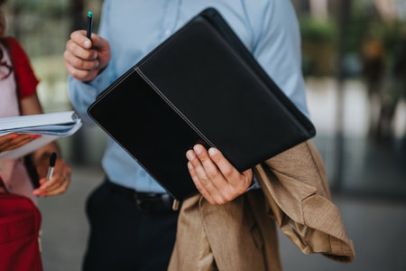 Business professionals outdoors with binder and documents during a collaborative meetingの写真素材