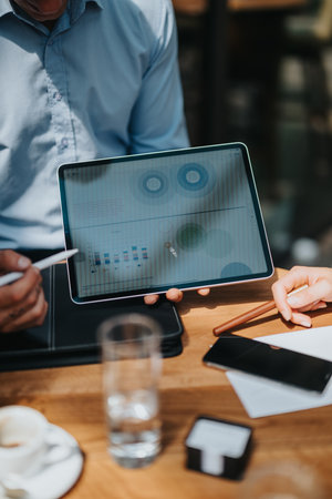 Tablet with data analytics shown during business meeting at a modern office with colleaguesの写真素材