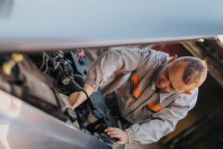 Experienced mechanic works under the hood performing engine maintenance and car repair in workshopの写真素材