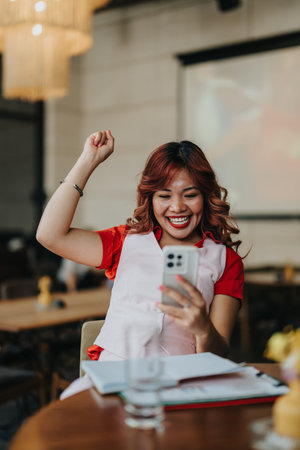 Happy woman in pink apron celebrates selfie at work, smiling broadly and raising her fistの写真素材