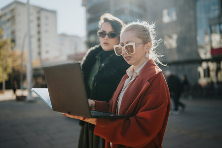 Businesswomen collaborate outdoors on a laptop in an urban city setting, stylish and focusedの写真素材