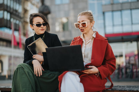 Two professionals collaborate outdoors in the city with laptop and tablet on a benchの写真素材