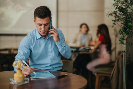 Man in blue shirt using tablet while on a phone call at a cafe during a busy workdayの写真素材