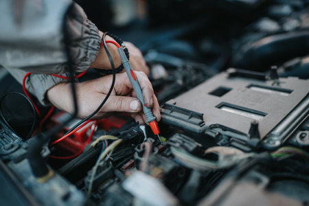 Close-up of a mechanic testing car electronics in the engine bay with a diagnostic probeの写真素材