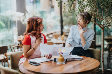 Two women discuss documents at a cafe, sharing ideas and surprised expressionsの写真素材