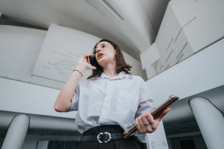 Woman on the phone in a modern office, holding a notebook, wearing striped shirt and glassesの写真素材
