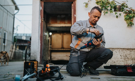 Skilled craftsman using a grinder outdoors, repairing metal with tools, while dog watches nearbyの写真素材