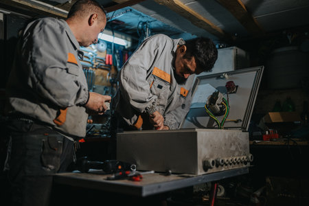 Two mechanics work in a dim workshop, assembling electrical panel and repairing equipment with tools and wiresの写真素材