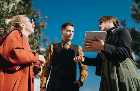 Three professionals talk outdoors with tablet in hand during urban business meetingの写真素材