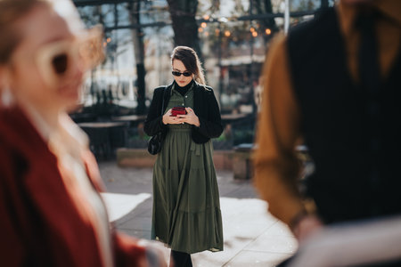 Woman in green dress and black blazer uses smartphone in an urban city plazaの写真素材