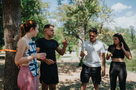 Group of friends enjoying an outdoor picnic in a sunny parkの写真素材