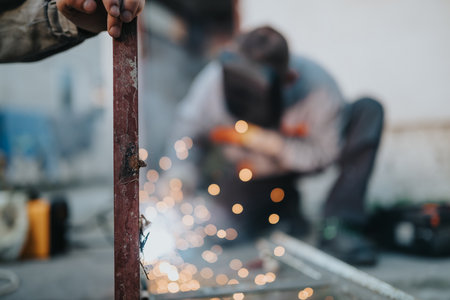 Welding in progress with sparks flying as a worker grinds metal in a busy workshopの写真素材