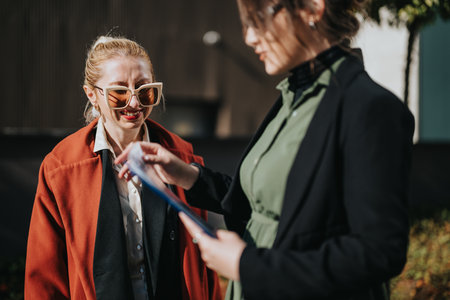 Two women discuss documents outdoors in stylish business attire and sunglasses, smilingの写真素材