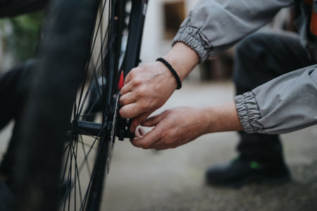Person repairs a bicycle wheel, hands turning the hub during outdoor bike maintenanceの写真素材