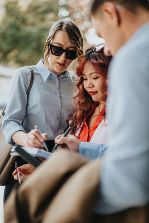 Outdoor business meeting with colleagues signing documents and discussing ideas in a sunny parkの写真素材