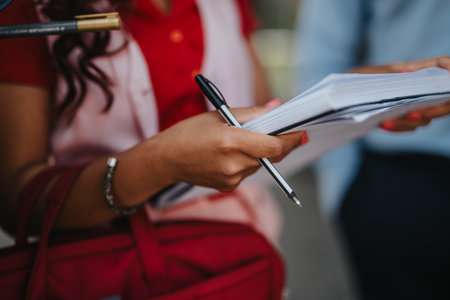 Business associates outdoors collaborate, take notes, and share documents during a work meetingの写真素材
