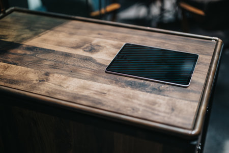 Tablet on a rustic wooden desk in a modern office setting, close-up viewの写真素材