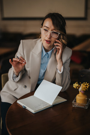 Businesswoman on the phone reviews notes at a round wooden table with notebook and decorative vaseの写真素材