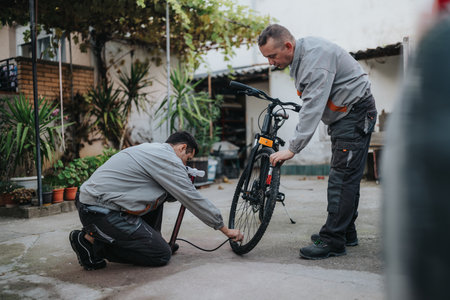 Two mechanics repair a bicycle outdoors in a courtyard, focusing on wheel and front tireの写真素材