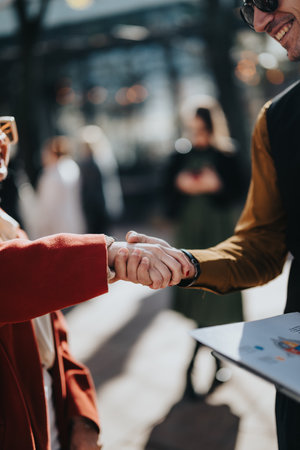 Two professionals shake hands outdoors in a busy urban setting, signaling agreement and collaboration todayの写真素材