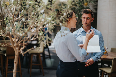 Two colleagues discuss ideas in a modern office cafe, with one taking notes in a notebookの写真素材