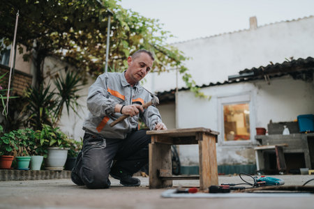 Male craftsman kneels at a wooden workbench crafting outdoors in a small yard workshopの写真素材