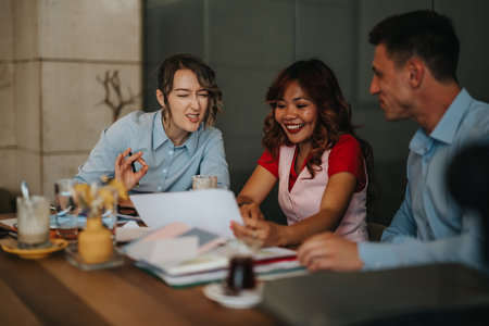 Business meeting with colleagues reviewing documents and sharing ideas at a tableの写真素材