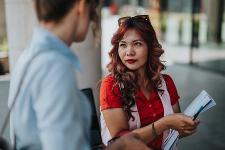 Outdoor business meeting between colleagues with documents and attentive conversationの写真素材
