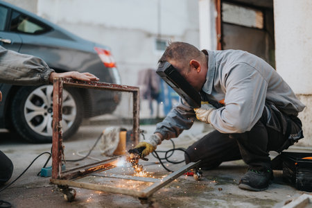 Welder at work grinding metal frame with sparks near a car in an outdoor workshopの写真素材