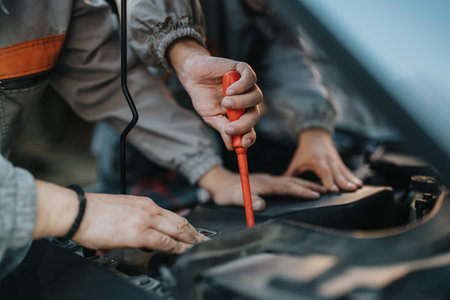People repair car engine under hood using screwdriver, hands-on maintenance and teamworkの写真素材
