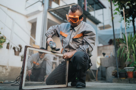 Worker grinding glass outdoors with safety goggles, wearing gray and orange work uniform, focused on taskの写真素材