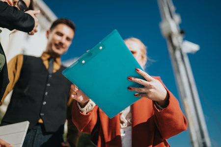 Business friends gather outdoors in the city, sharing ideas with a turquoise clipboardの写真素材