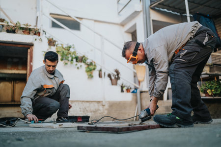Two construction workers drill and assemble on an urban rooftop work site with safety gearの写真素材