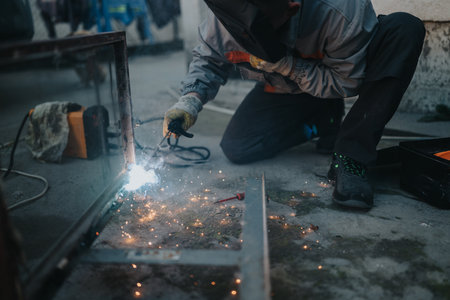 Welding technician at work, sparks flying, metal fabrication on a rooftop construction site outdoors todayの写真素材