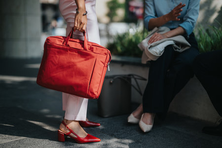 Business professionals with a red bag in an outdoor meeting settingの写真素材