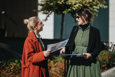 Two business colleagues talk outside, exchanging documents and smiling in a sunny urban settingの写真素材