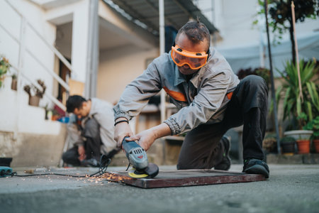 Construction worker using an angle grinder outdoors with safety goggles, sparks flyingの写真素材