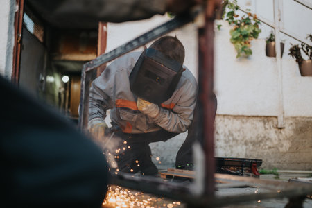 Welding in progress: worker with mask and gloves, sparks fly in outdoor workshopの写真素材