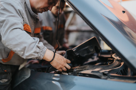 Car mechanic inspects engine bay under the hood during repair in a workshop