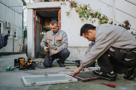 Two workers using power tools for outdoor renovation and repairs on a concrete patioの写真素材
