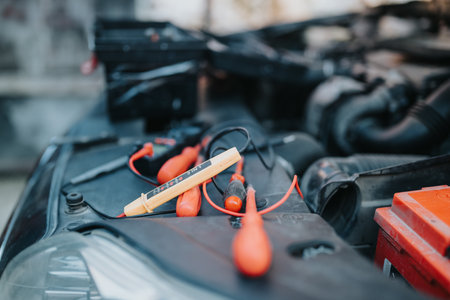 Car battery maintenance with test leads and tools on a car engine bay, close-upの写真素材