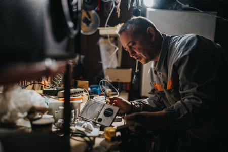 Mechanic in a workshop repairing electronics at a cluttered bench with toolsの写真素材