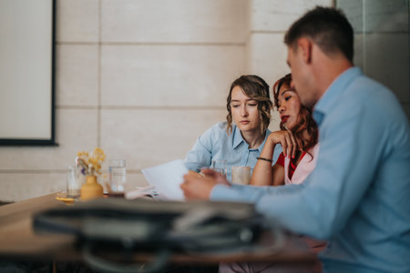Business associates in a quiet meeting over documents at a modern officeの写真素材